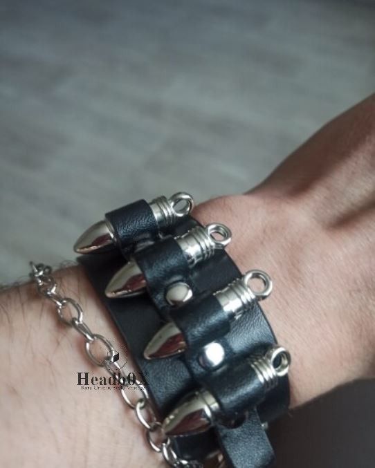 Leather Bullet Shape Chain Link Leather Bracelet Size ONE SIZE - 5 Thumbnail