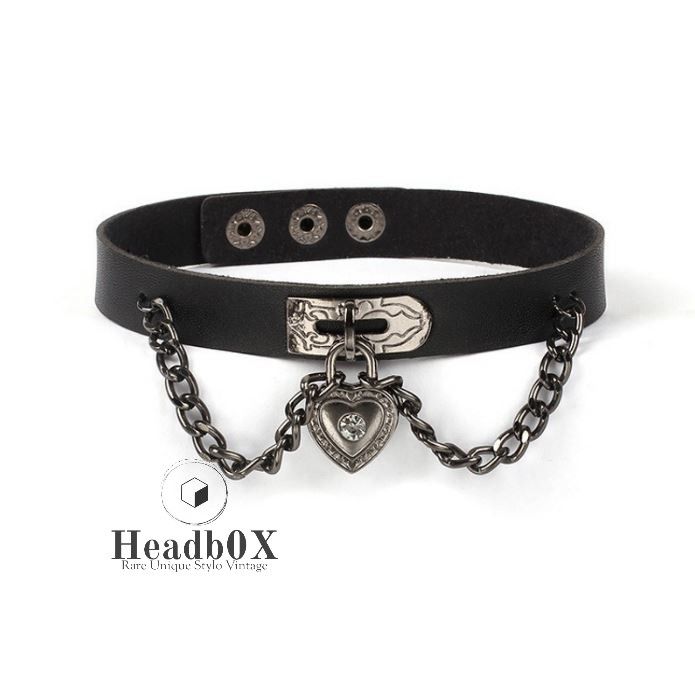 Jewelry Gothic Heart Lock Leather Choker Necklaces Size ONE SIZE - 1 Thumbnail