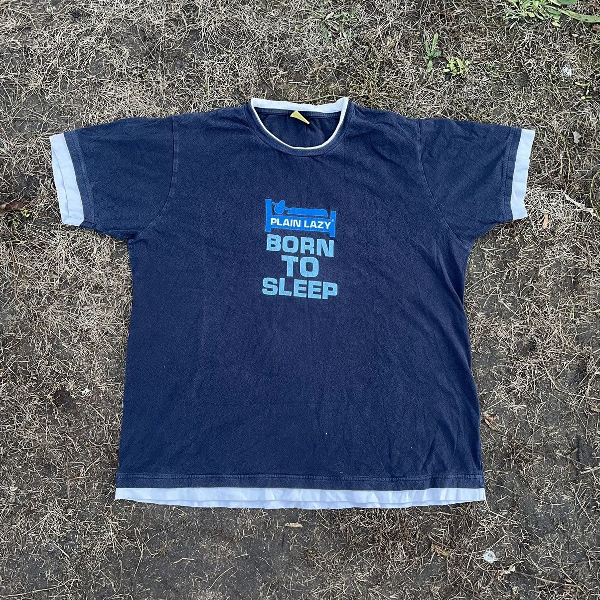 image of 90's Adult “ Plain Lazy Born To Sleep ” Humor Tee in Navy, Men's (Size XL)