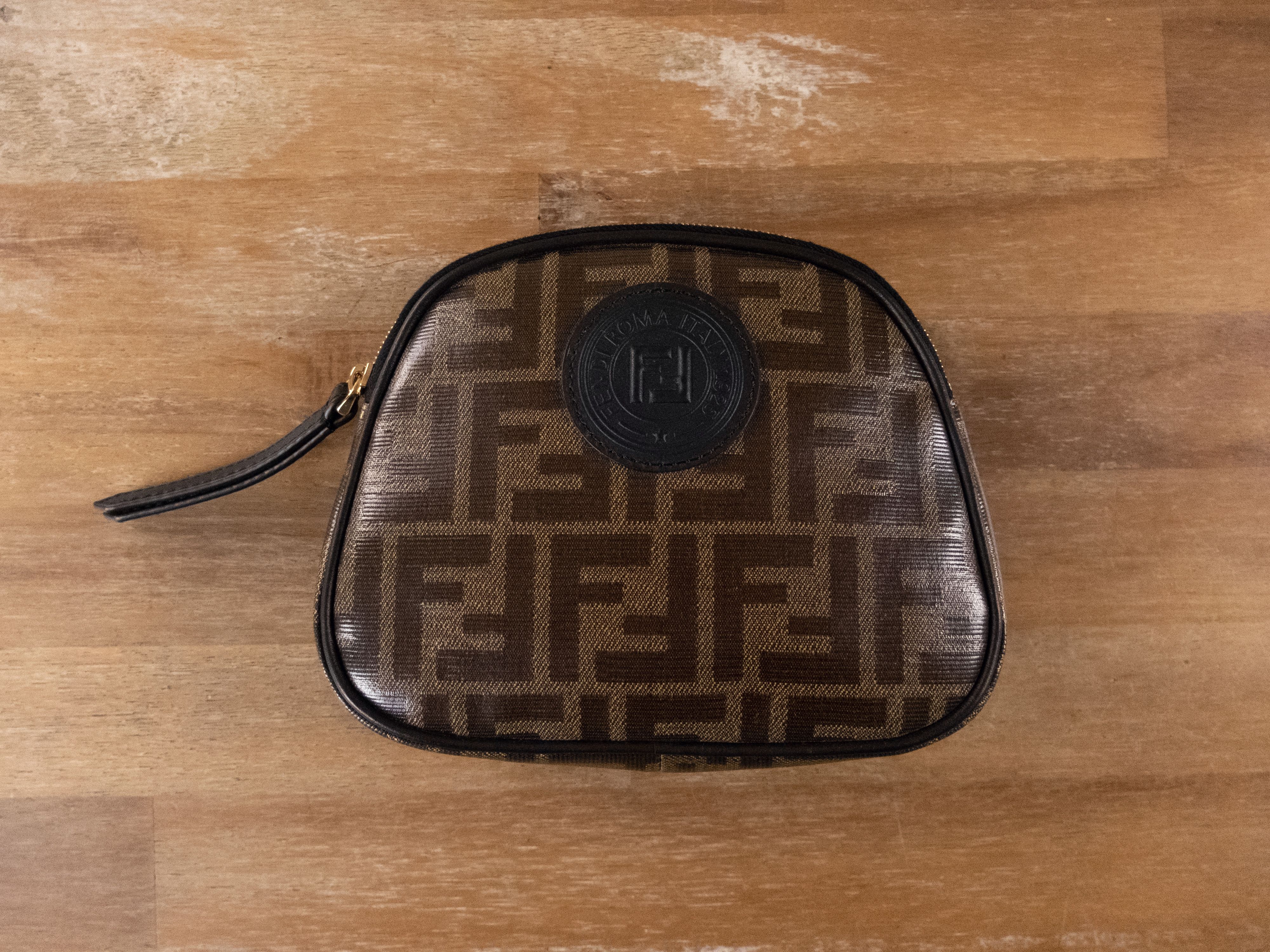 image of Fendi Glazed Fabric Ff Logo Toiletry Cosmetics Case Bag in Brown, Women's