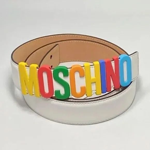 Moschino Men's Rainbow Logo Buckle Leather Belt Size 54