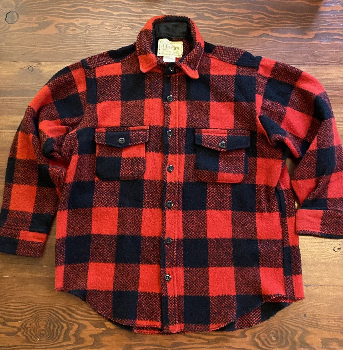 Image of Cashmere Wool x Flannel Vintage 50’S Melton Wool Buffalo Plaid Flannel Shirt Jacket in Red/Black (S