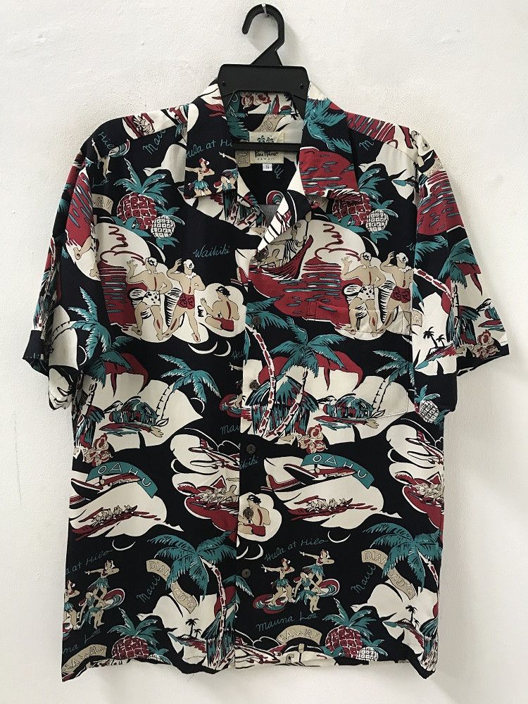 Aloha Wear Pau Hana Hawaii Palm Tree Hula Girl Rayon Shirt | Grailed