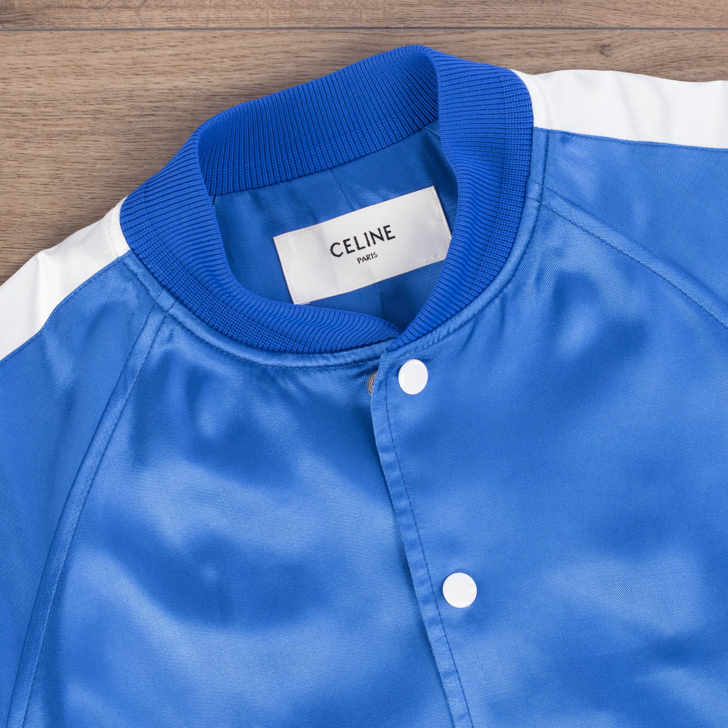 Celine × Hedi Slimane Electric Blue Teddy Jacket In Logo Embroidered Satin Size US S / EU 44-46 / 1 - 9 Thumbnail
