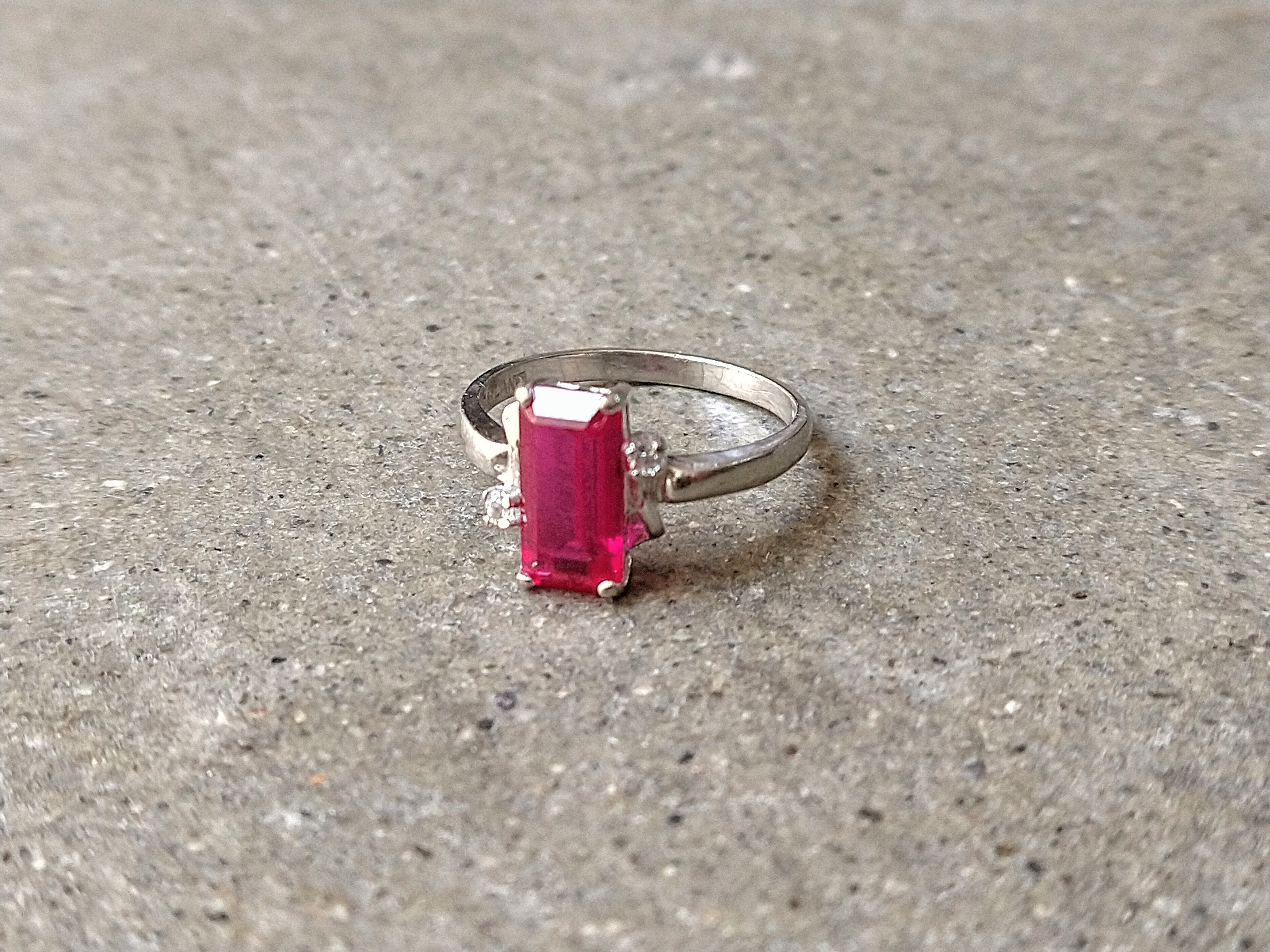 Jewelry × Vintage 10k White Gold Ring Lab Pink Ruby Size 5.75 Rectangle Size ONE SIZE - 1 Thumbnail