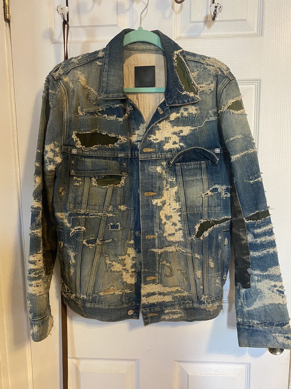 image of Givenchy Denim Destroyed Jacket Blue, With Moleskin, Men's (Size Small)