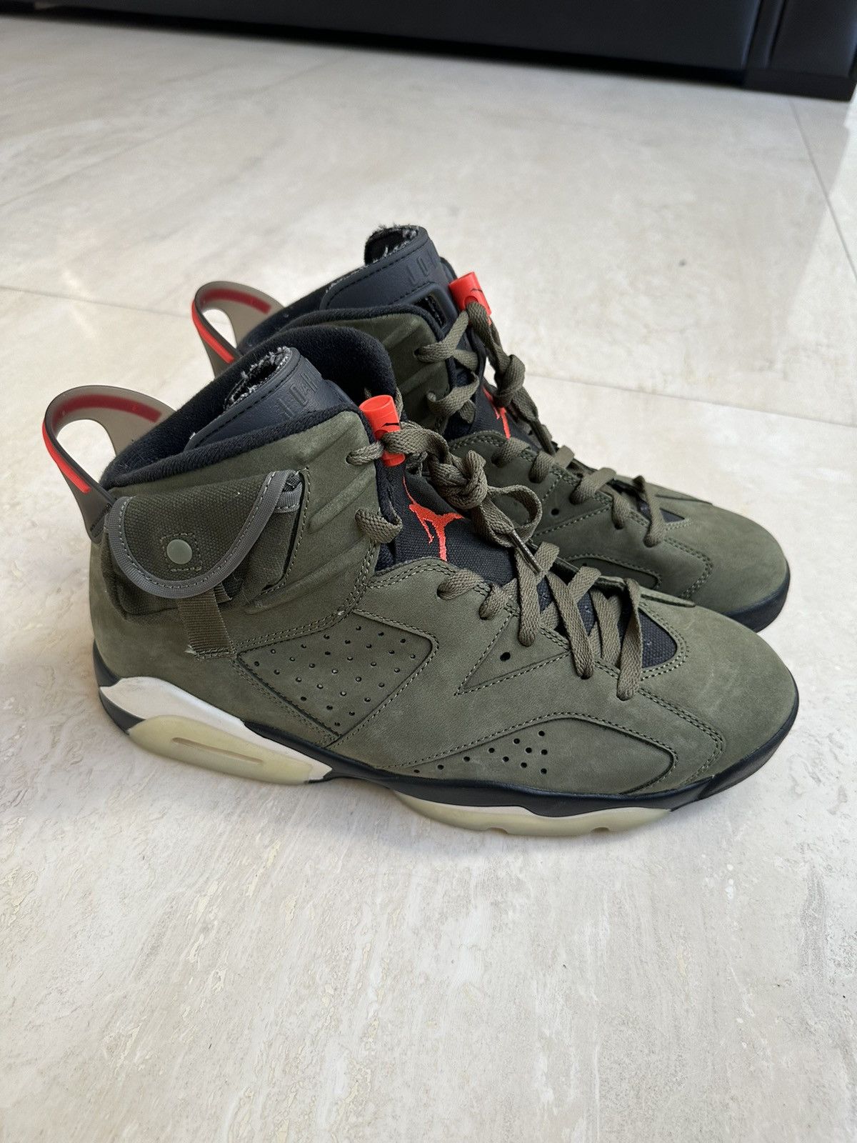 image of Jordan Travis Scott 2019 Travis Scott Army Green 6’S Shoes in Navy, Men's (Size 11)