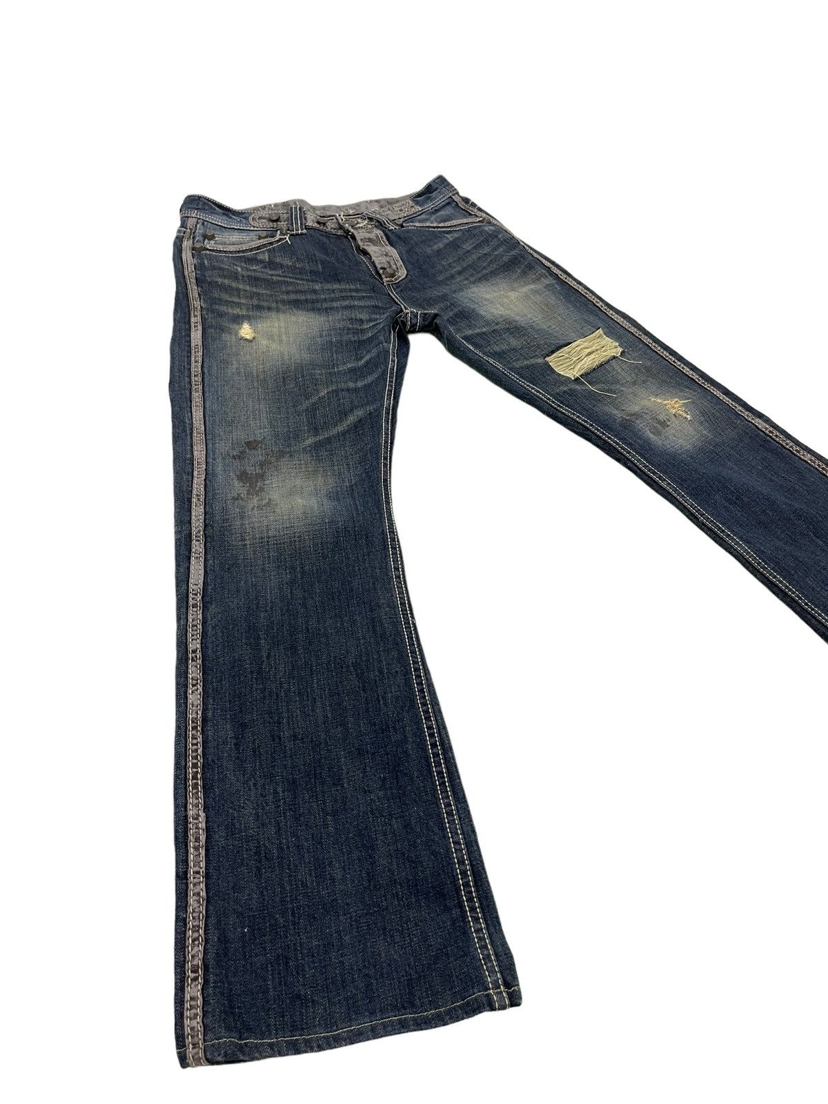 Japanese Brand Flare Jeans Trim Co Distress Denim Leather Parts 5🟦2 Size US 31 - 1 Thumbnail