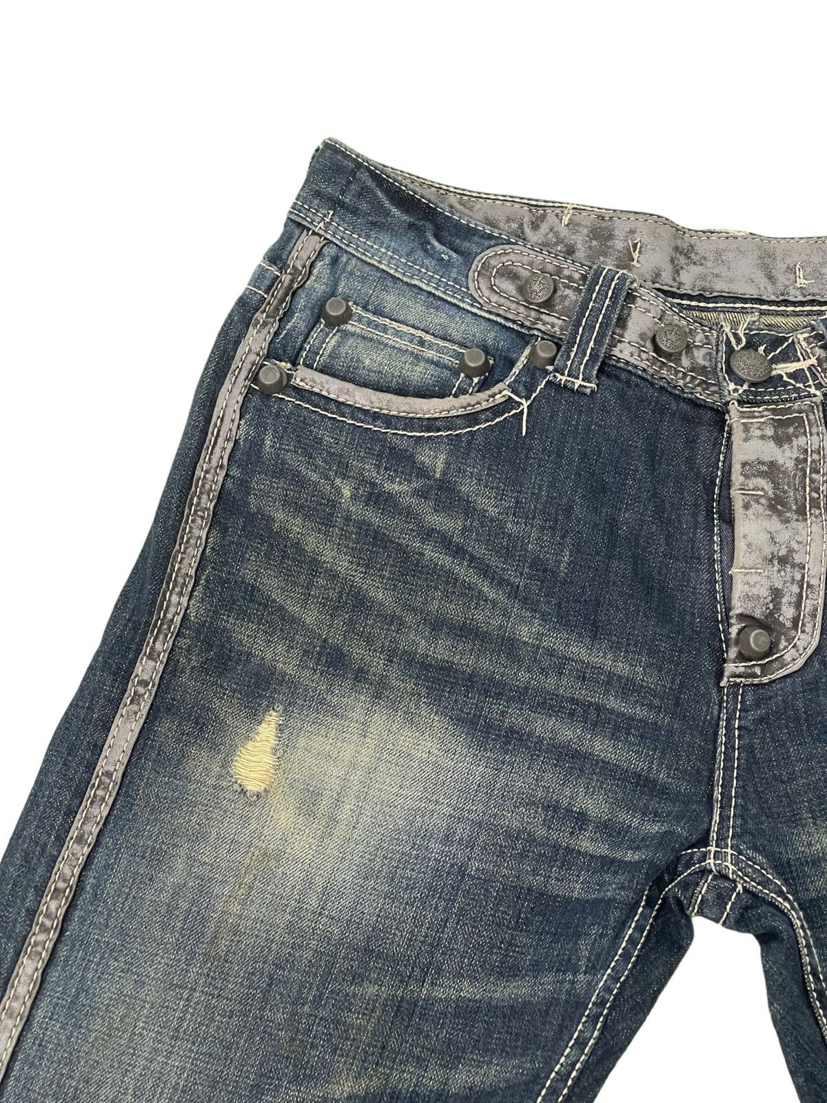 Japanese Brand Flare Jeans Trim Co Distress Denim Leather Parts 5🟦2 Size US 31 - 9 Thumbnail