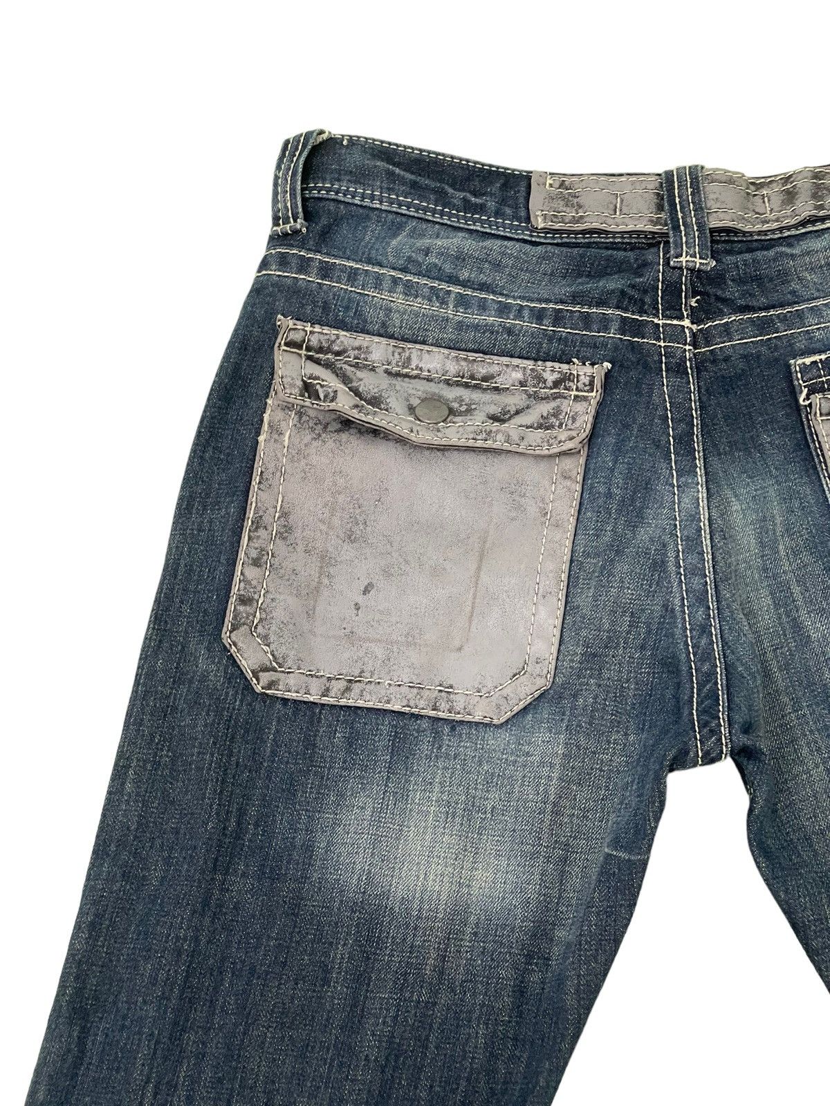 Japanese Brand Flare Jeans Trim Co Distress Denim Leather Parts 5🟦2 Size US 31 - 19 Thumbnail