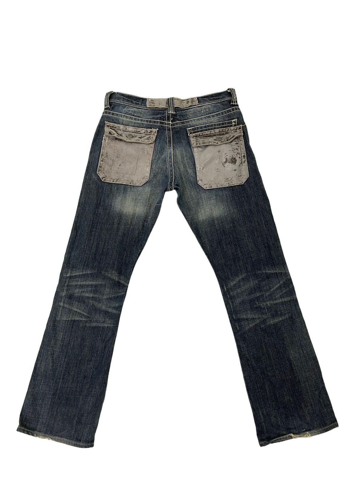 Japanese Brand Flare Jeans Trim Co Distress Denim Leather Parts 5🟦2 Size US 31 - 12 Thumbnail