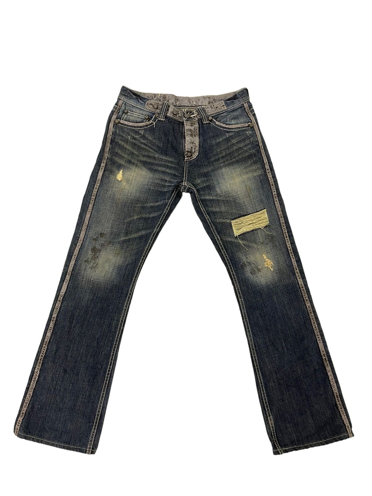 Japanese Brand Flare Jeans Trim Co Distress Denim Leather Parts 5🟦2 Size US 31 - 2 Thumbnail