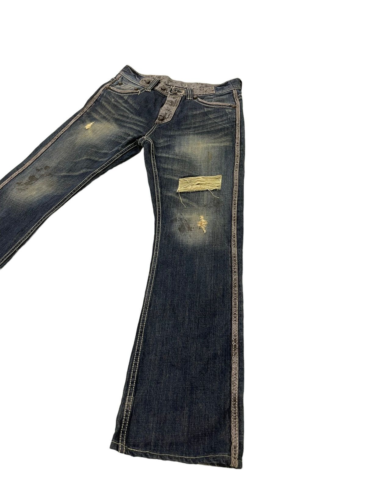 Japanese Brand Flare Jeans Trim Co Distress Denim Leather Parts 5🟦2 Size US 31 - 3 Thumbnail