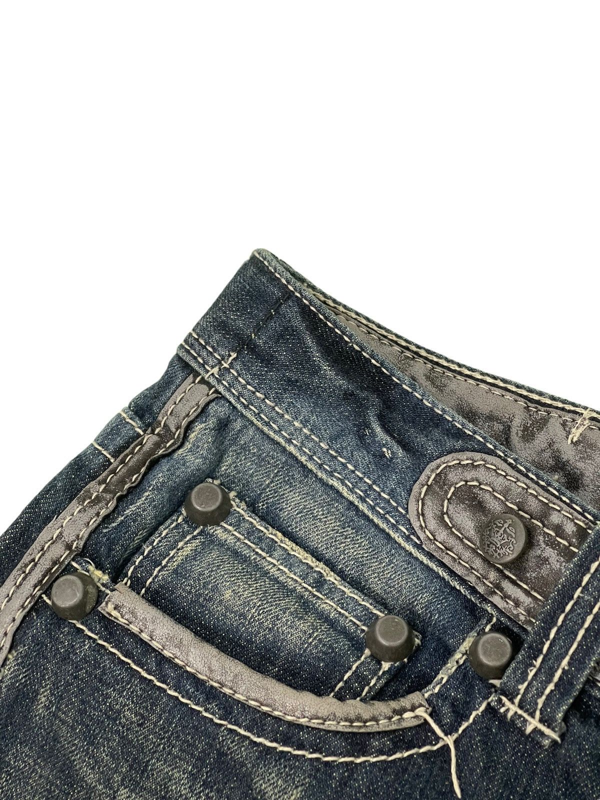 Japanese Brand Flare Jeans Trim Co Distress Denim Leather Parts 5🟦2 Size US 31 - 10 Thumbnail