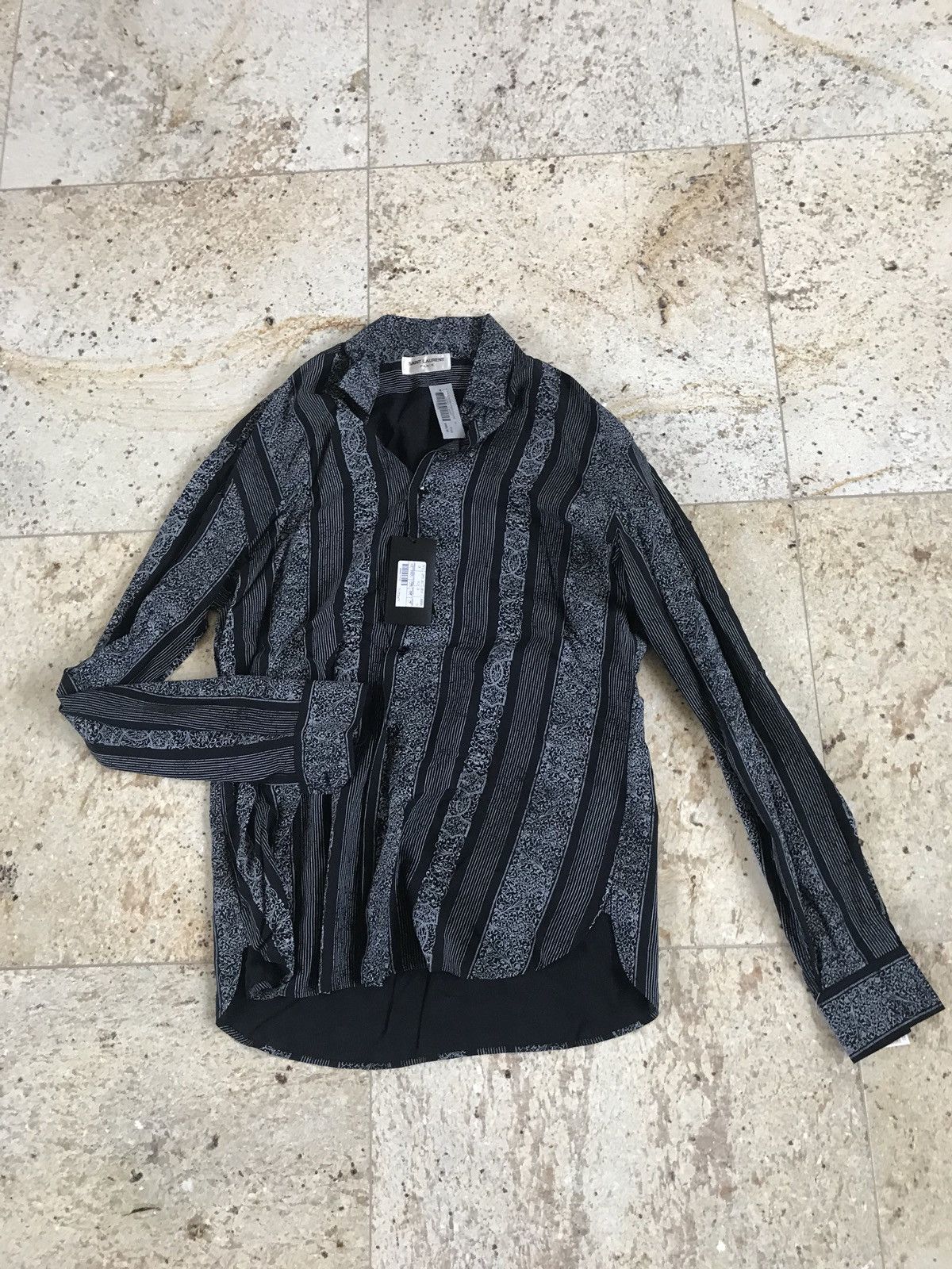 image of Saint Laurent Paris Paisley All Over Black Button Up, Men's (Size Large)