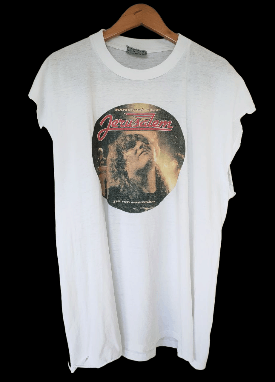 image of Band Tees x Rock T Shirt 1997 Thrashed VTG Jerusalem Band T in Offwhite, Men's (Size 2XL)