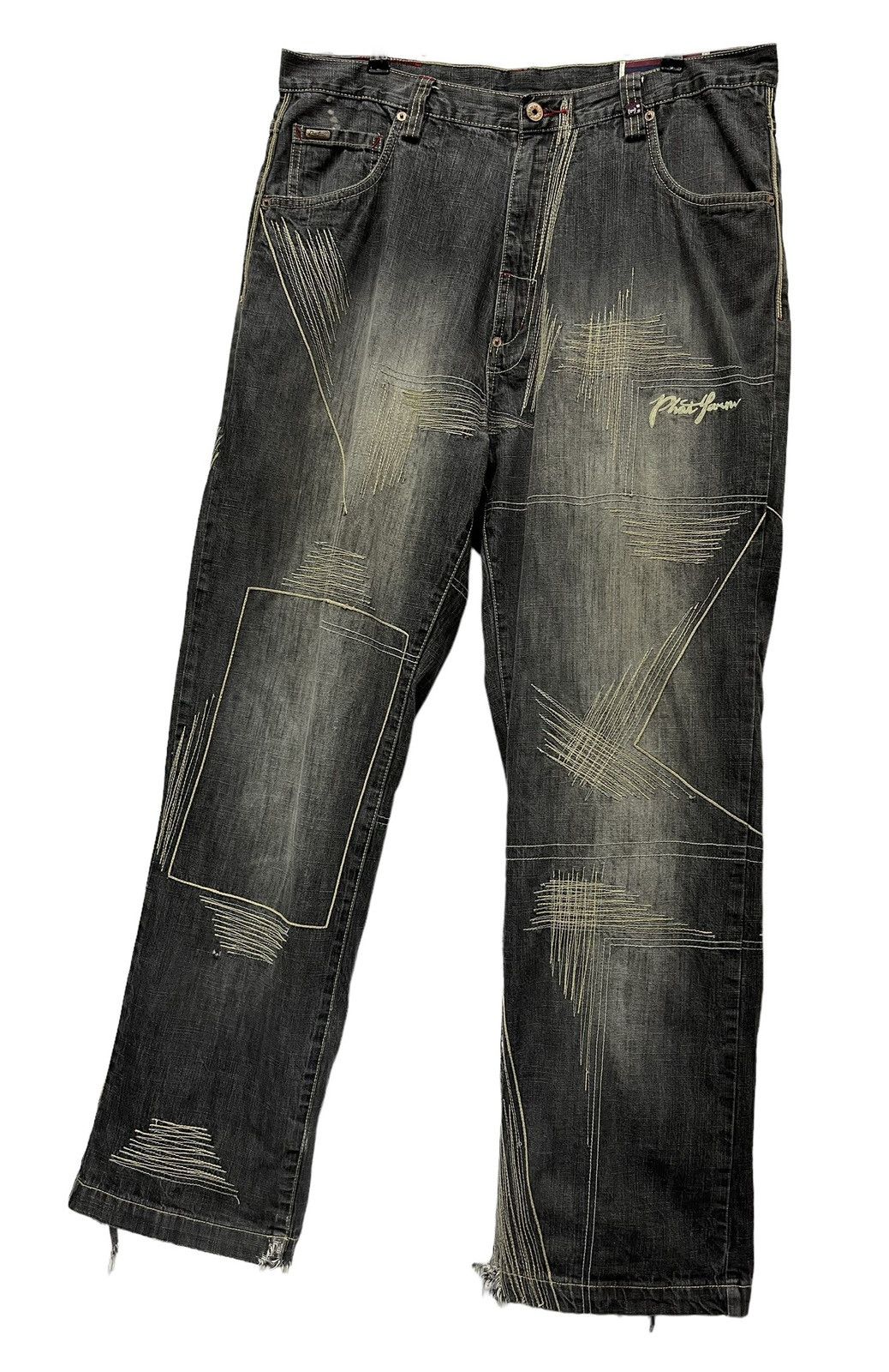 Phat Farm 🔥FYE🔥Vintage PHAT FARM Hip-Hop Baggy Thrashed Leg Denim Size US 35 - 2 Thumbnail