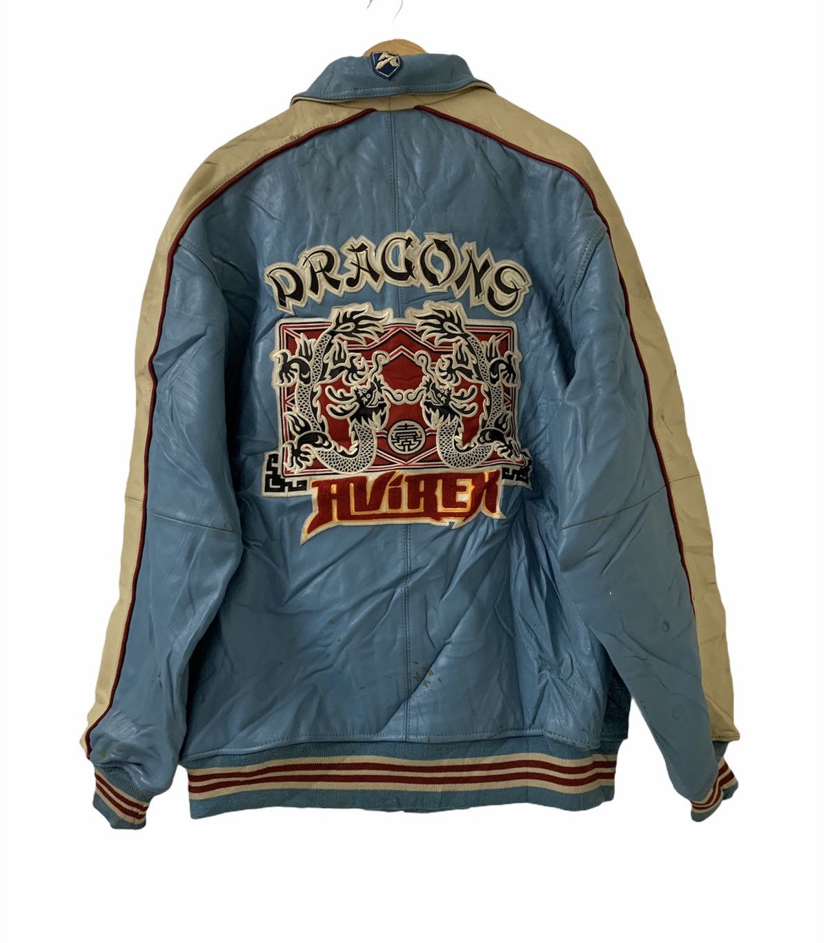 image of Avirex Varsity Dragon Leather Jacket in Light Blue, Men's (Size 2XL)