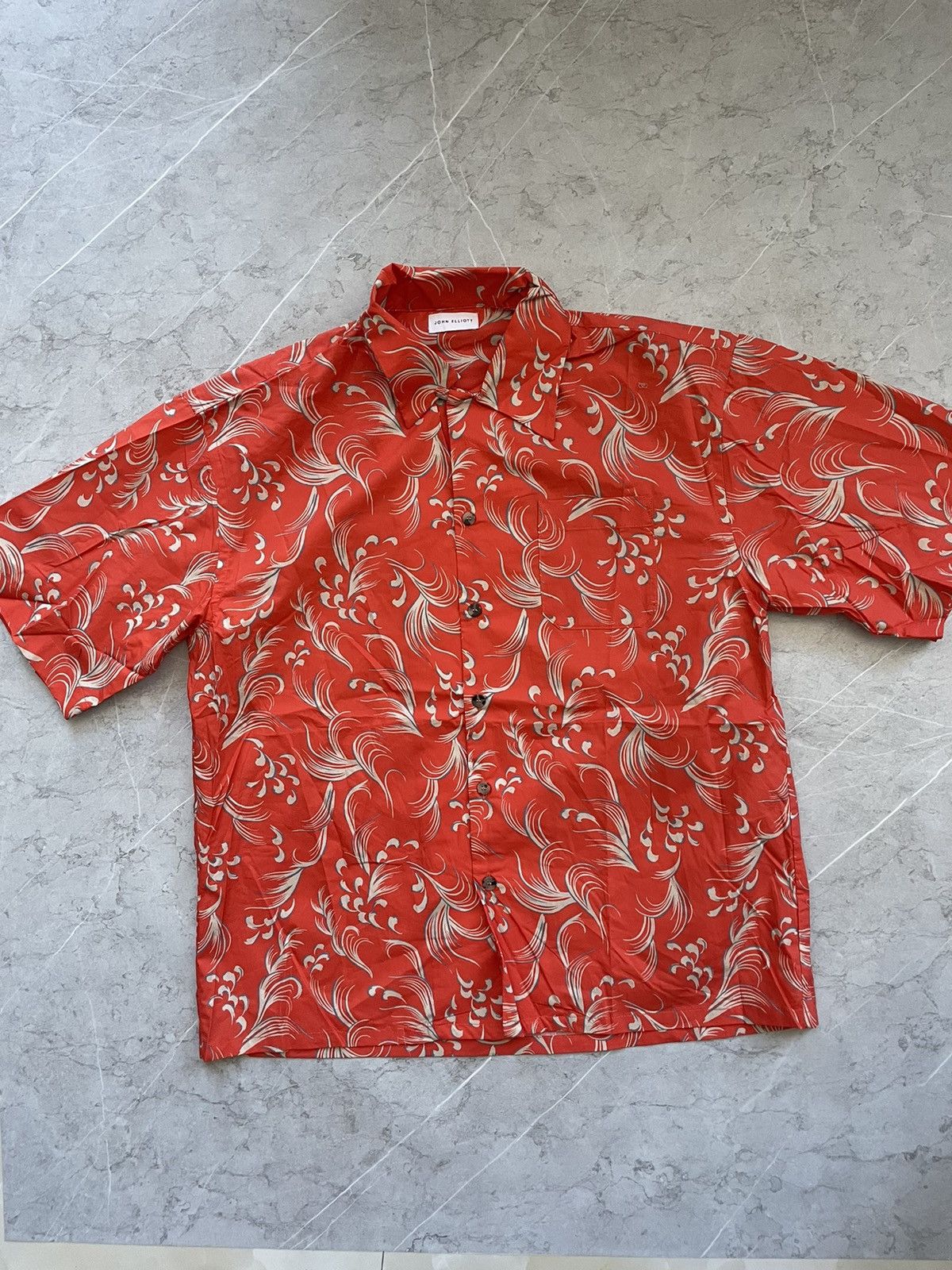 image of John Elliott Convertible Collar Print Cotton Shirt L in Orange, Men's (Size Large)