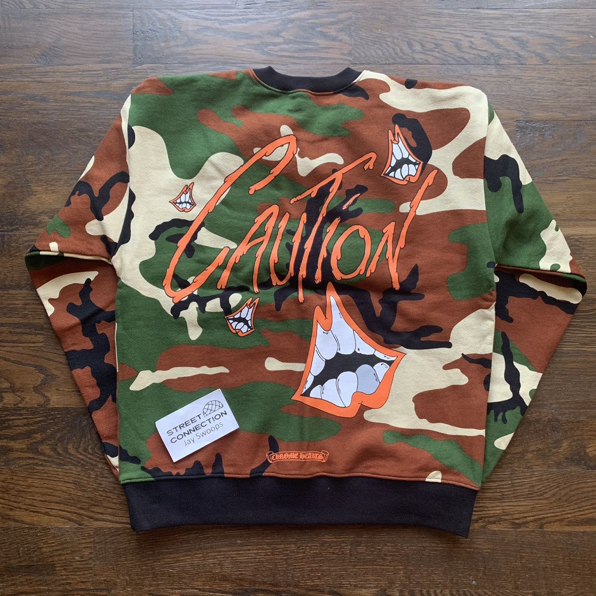 image of Chrome Hearts Matty Boy Caution Kirkland Camo Crewneck Med, Men's (Size Medium)