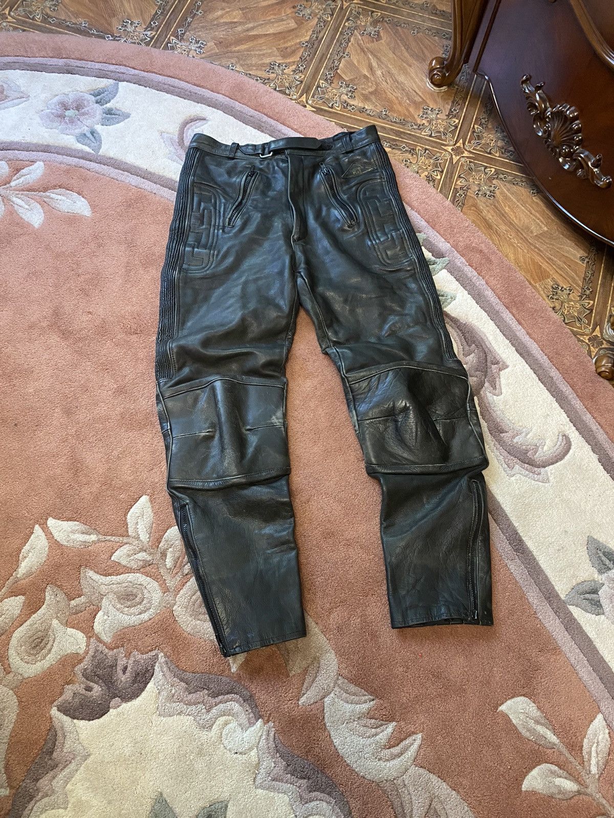 image of Avant Garde x Genuine Leather Vintage Genuine Leather Black Leather Pants Motorbike, Men's (Size 30