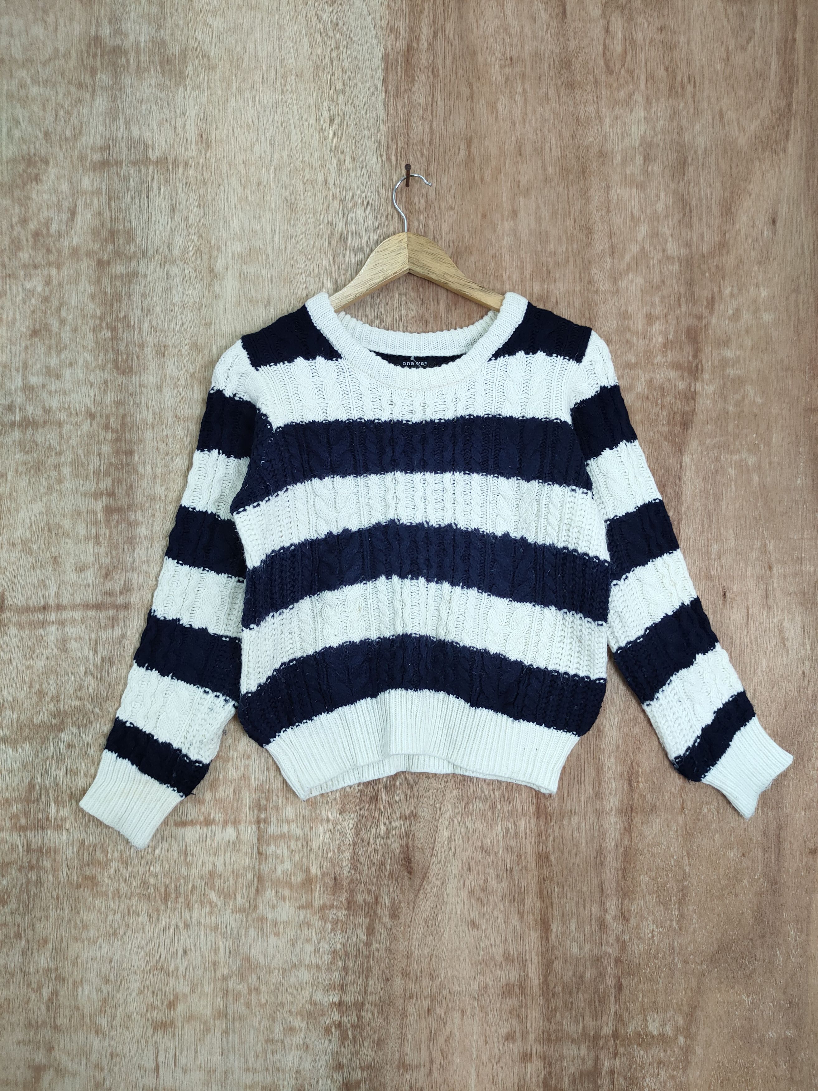 Aran Isles Knitwear × Japanese Brand × OVER THE STRiPES japan One Way knitwear stripe streetwear vintage #4136 Size S / US 4 / IT 40 - 1 Thumbnail