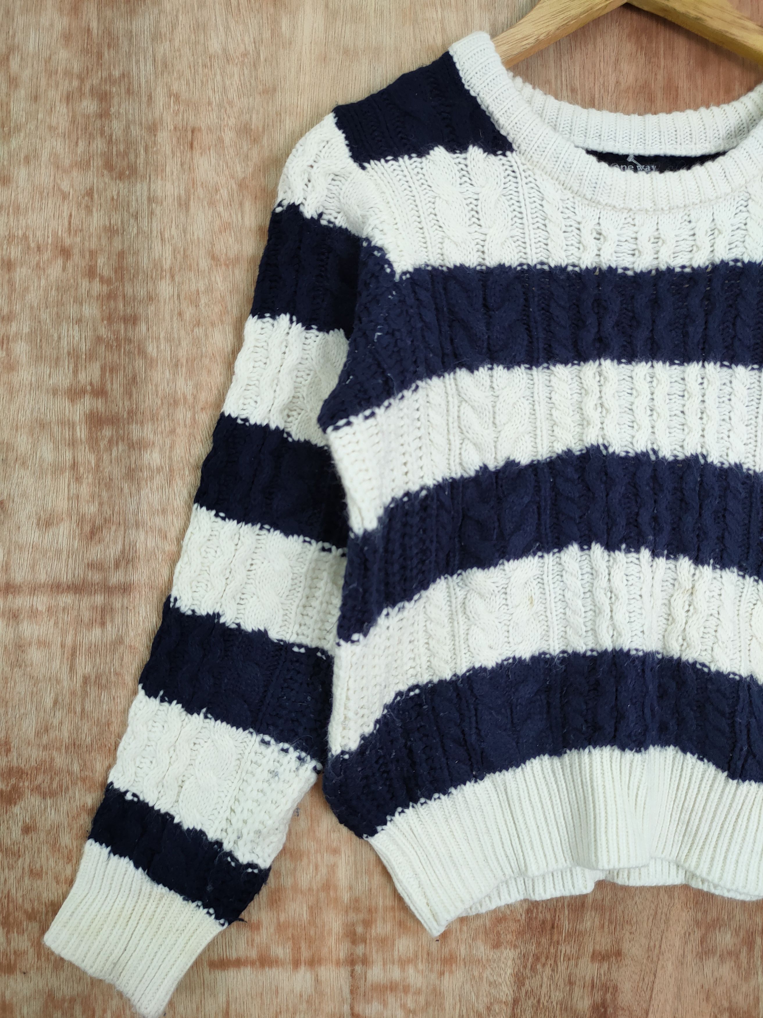 Aran Isles Knitwear × Japanese Brand × OVER THE STRiPES japan One Way knitwear stripe streetwear vintage #4136 Size S / US 4 / IT 40 - 2 Thumbnail