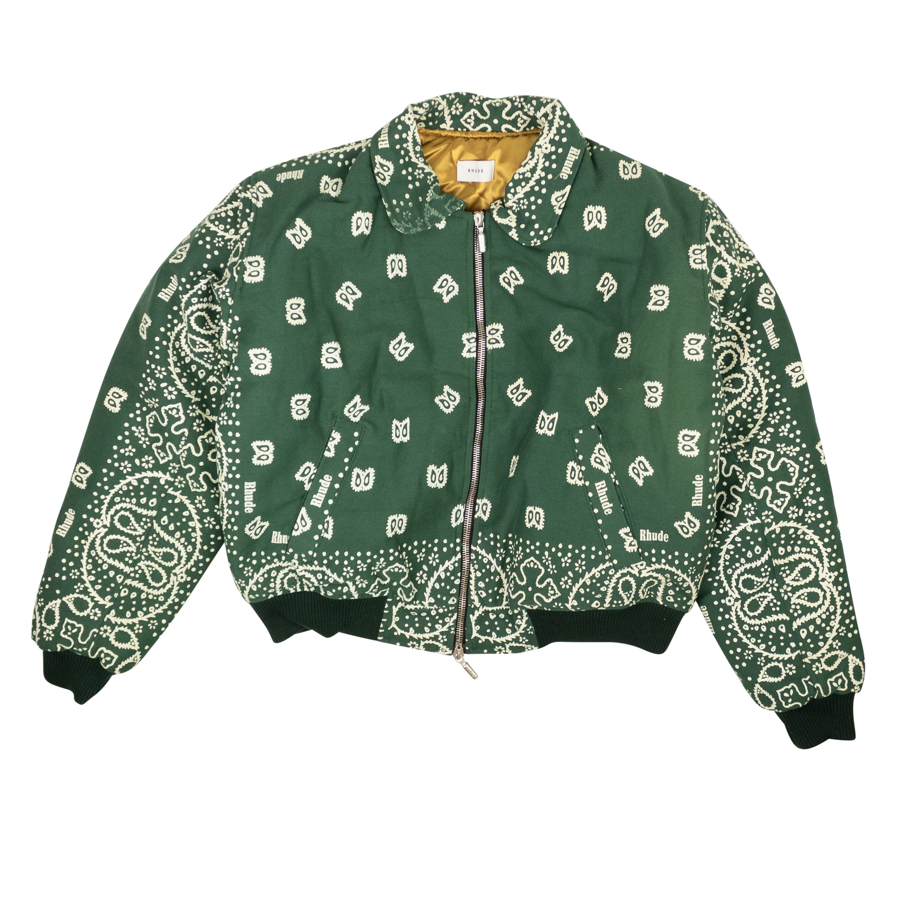 image of Rhude Forest Green & Creme Cotton Lighting Bomber Jacket Size L, Men's