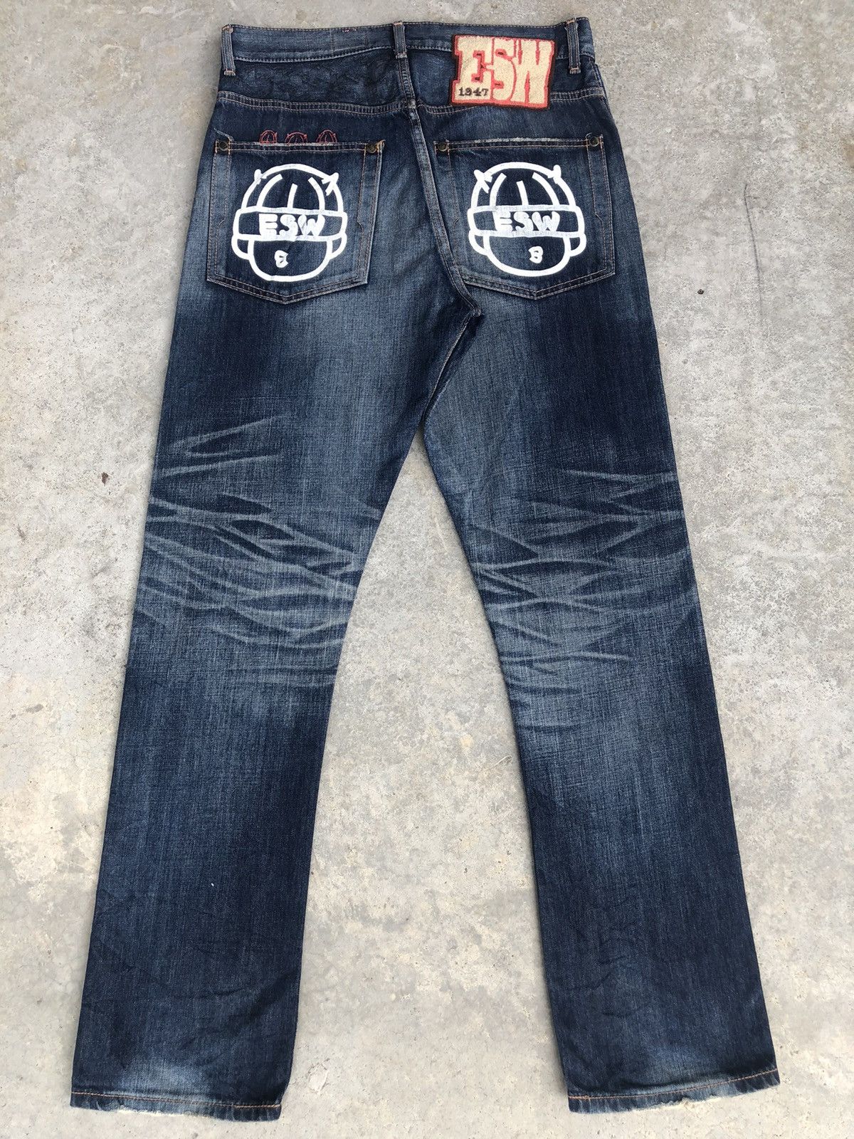 image of Edwin Esw Big Logo Distressed Jeans Patchwork Painted in Blue, Men's (Size 32)