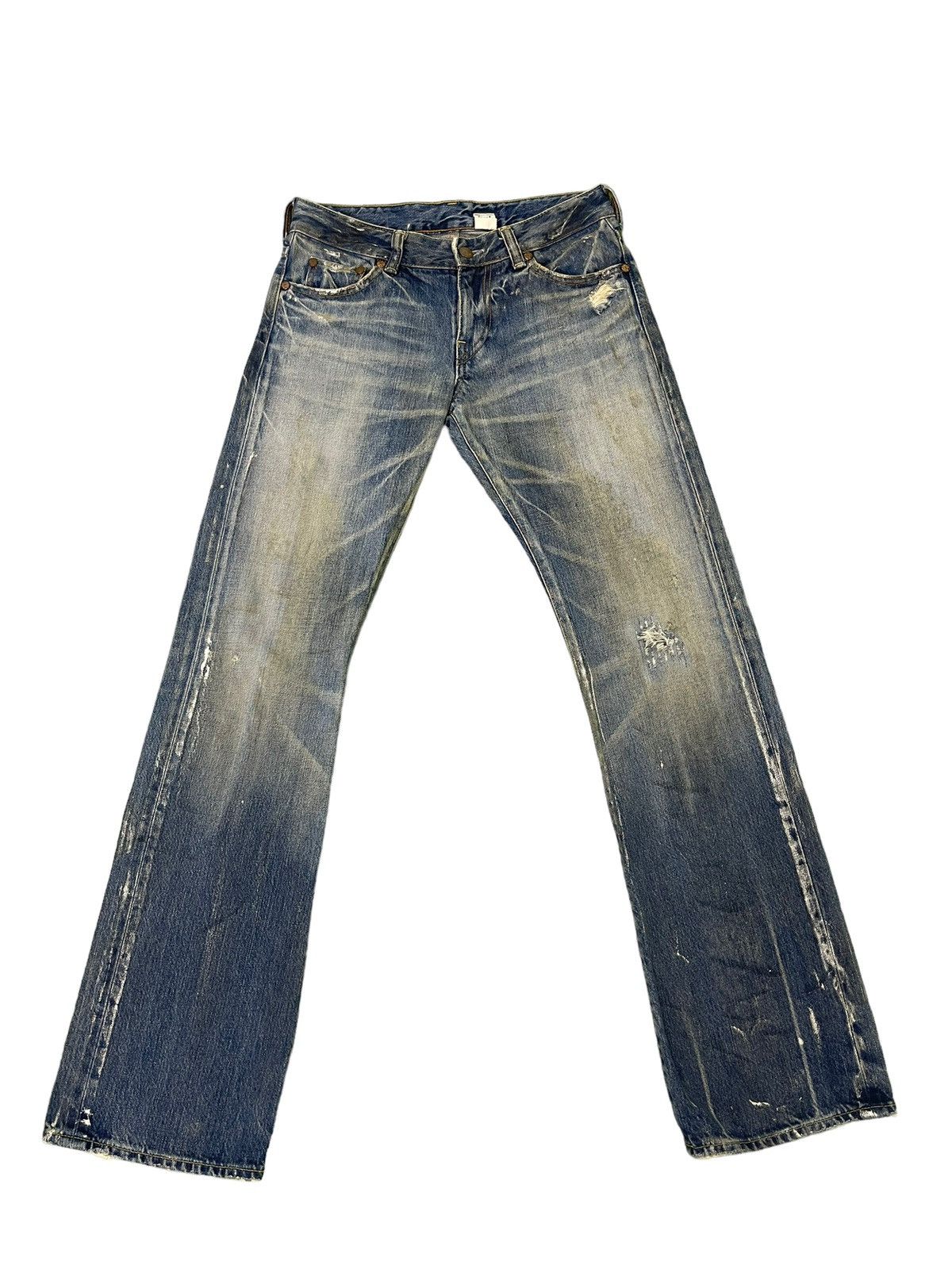 Japanese Brand Flare Jeans Rivet & Blue Distres Painter Denim Low Rise 4🟦3 Size US 29 - 2 Thumbnail