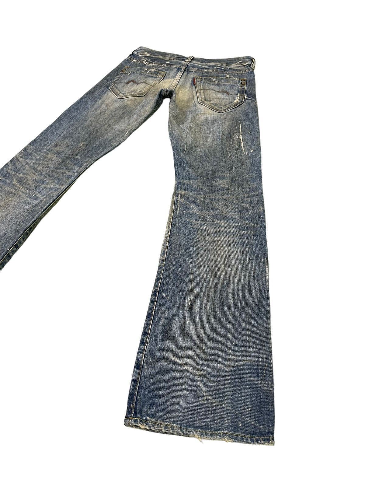 Japanese Brand Flare Jeans Rivet & Blue Distres Painter Denim Low Rise 4🟦3 Size US 29 - 14 Thumbnail