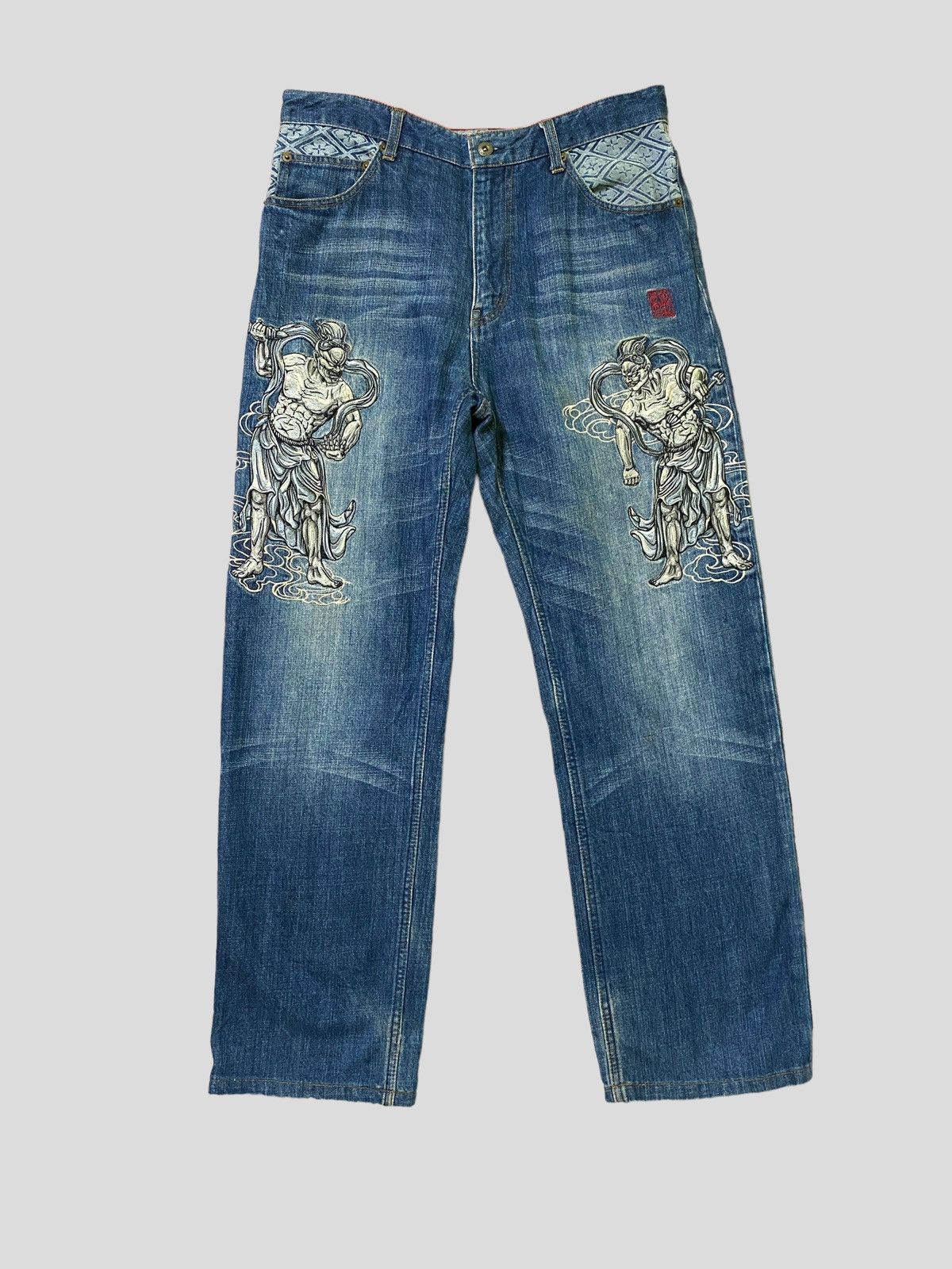 image of Vintage Karakuri Tamashi Devil Embroidery Sukajan Design in Blue, Men's (Size 30)