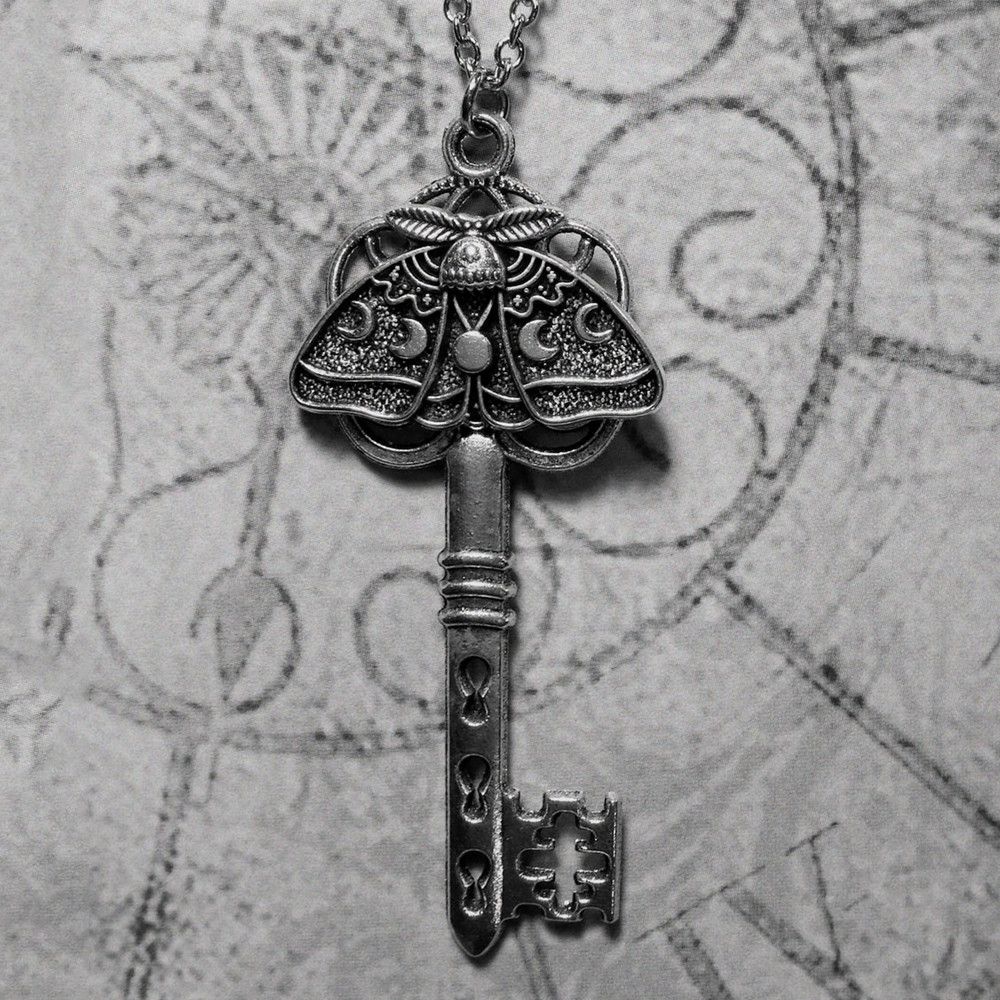 Jewelry Gothic Moth Key Charm Pendant Necklace Size ONE SIZE - 1 Thumbnail