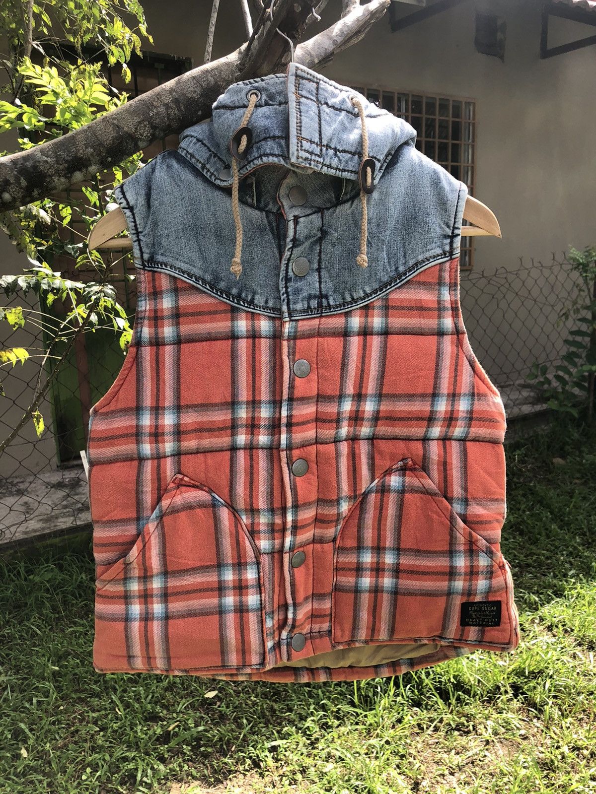 image of Vintage Cube Sugar Puffer Vest Half Denim in Orange/Denim, Men's (Size Medium)