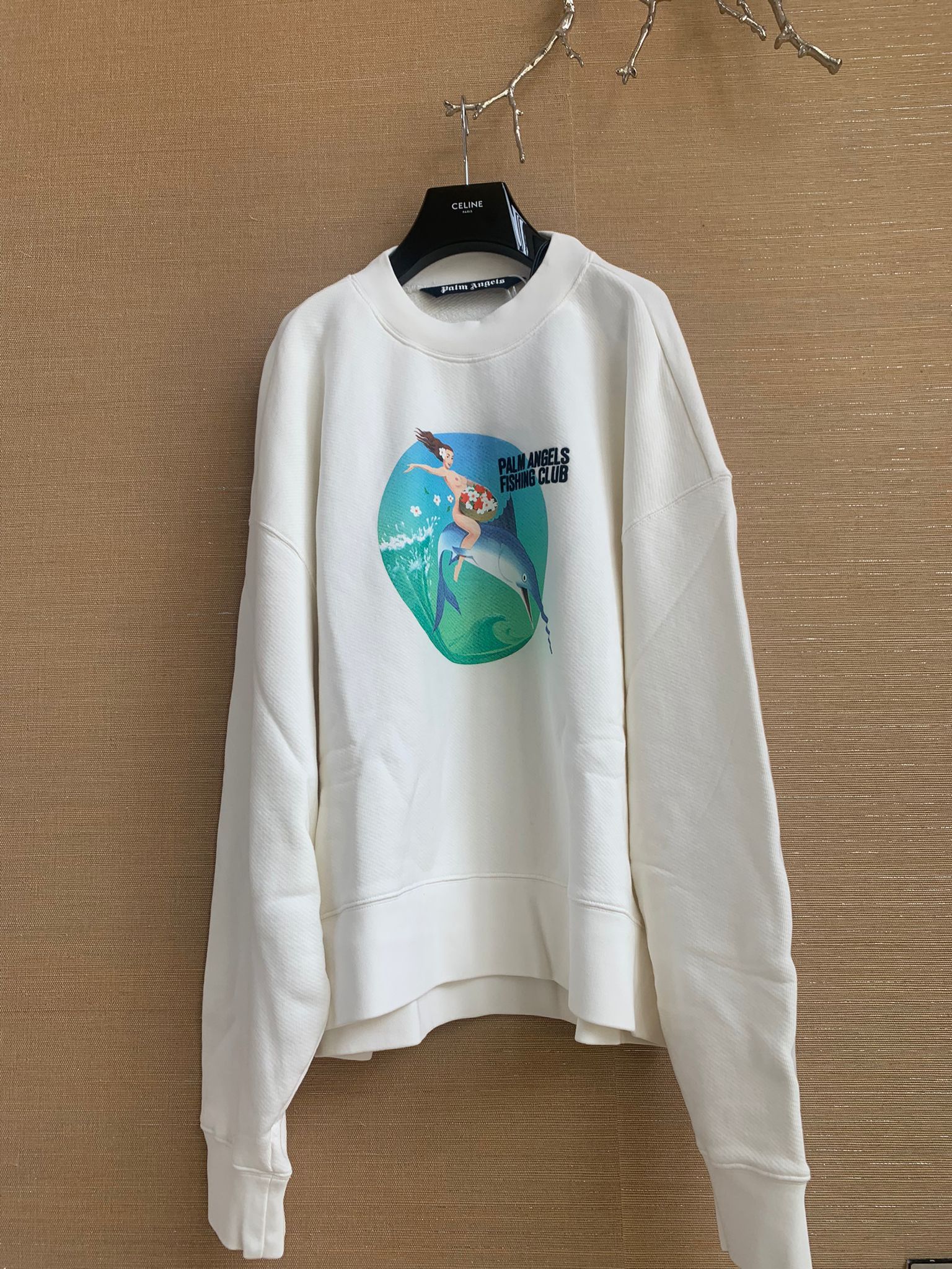 image of Palm Angels Fishing Crewneck In Brilliant White, Men's (Size XL)