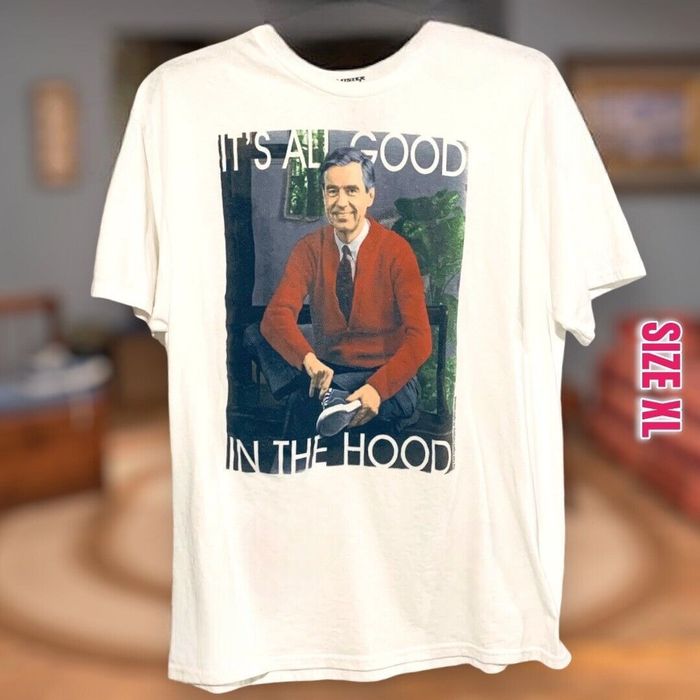 Gildan Men's Mr. Rogers White TShirt Its All Good In The Hood Shor