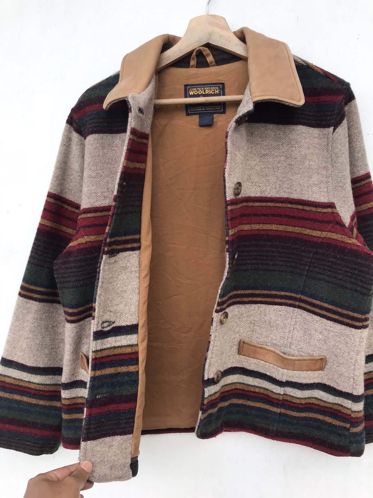 Woolrich Woolen Mills 90s Woolrich Navajo Stripe Jacket Leather Collar & Pockets Size M / US 6-8 / IT 42-44 - 5 Thumbnail