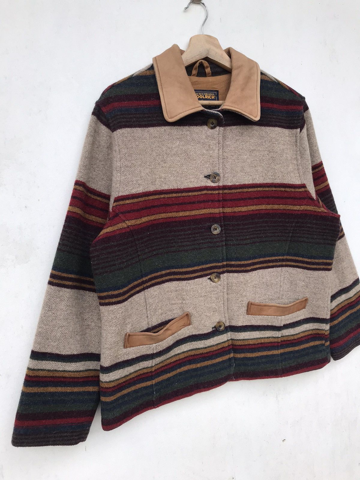 Woolrich Woolen Mills 90s Woolrich Navajo Stripe Jacket Leather Collar & Pockets Size M / US 6-8 / IT 42-44 - 6 Thumbnail