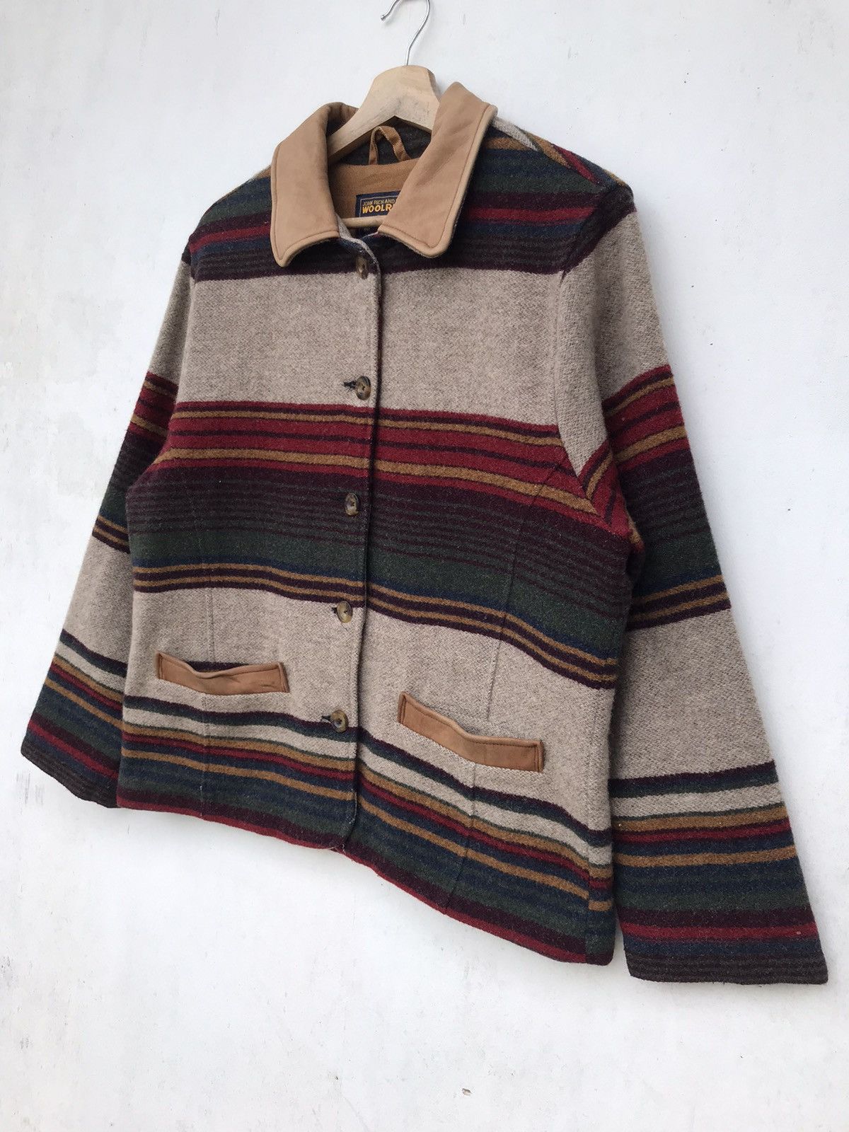 Woolrich Woolen Mills 90s Woolrich Navajo Stripe Jacket Leather Collar & Pockets Size M / US 6-8 / IT 42-44 - 7 Thumbnail