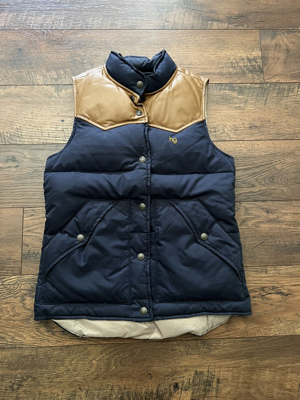 image of Hysteric Glamour Leather Fuck Puffer Vest in Navy Brown, Men's (Size Small)