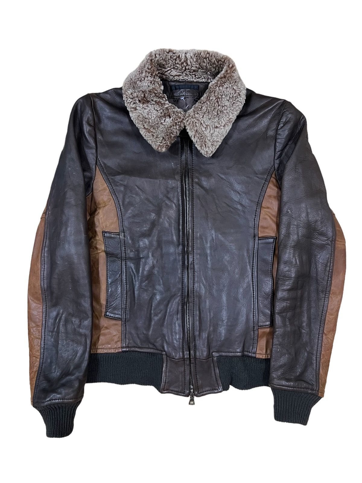 image of Genuine Leather x Julius The Viridi Anne Two Tones Fur Neck Blouson Jacket in Two Tones Leather (Si