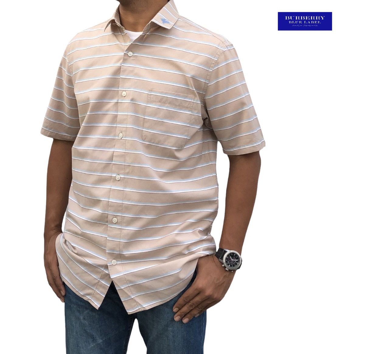 image of Authentic Burberry London Blue Label Men’S Stripe Shirt in Brown, Men's (Size Medium)