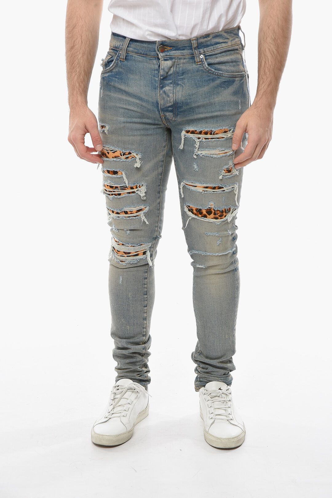 image of Amiri Leopard Thrasher Distressed Vintage Denim Jeans in Blue, Men's (Size 30)