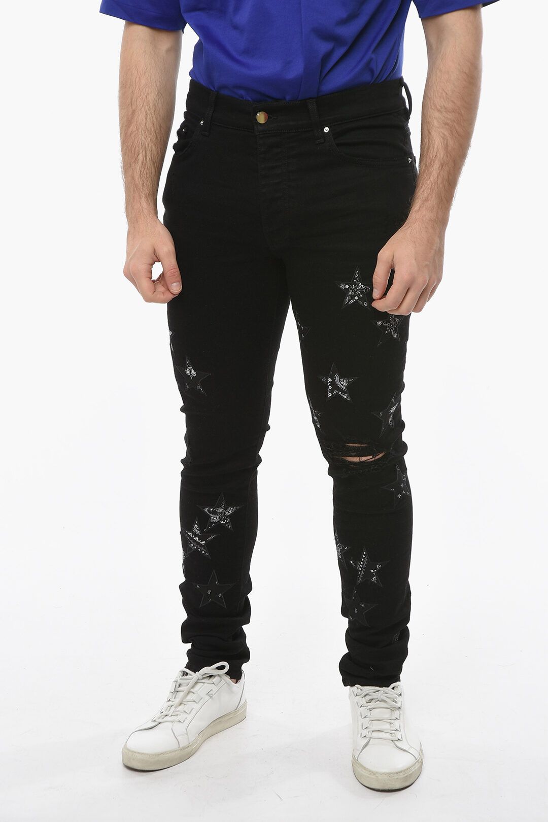 image of Amiri Skinny-Fit Bandana Star Distressed Denim Jeans in Black, Men's (Size 33)