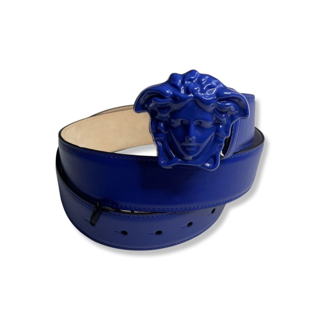 Versace Men's La Medusa Leather Belt - Blue Gold - Size 34