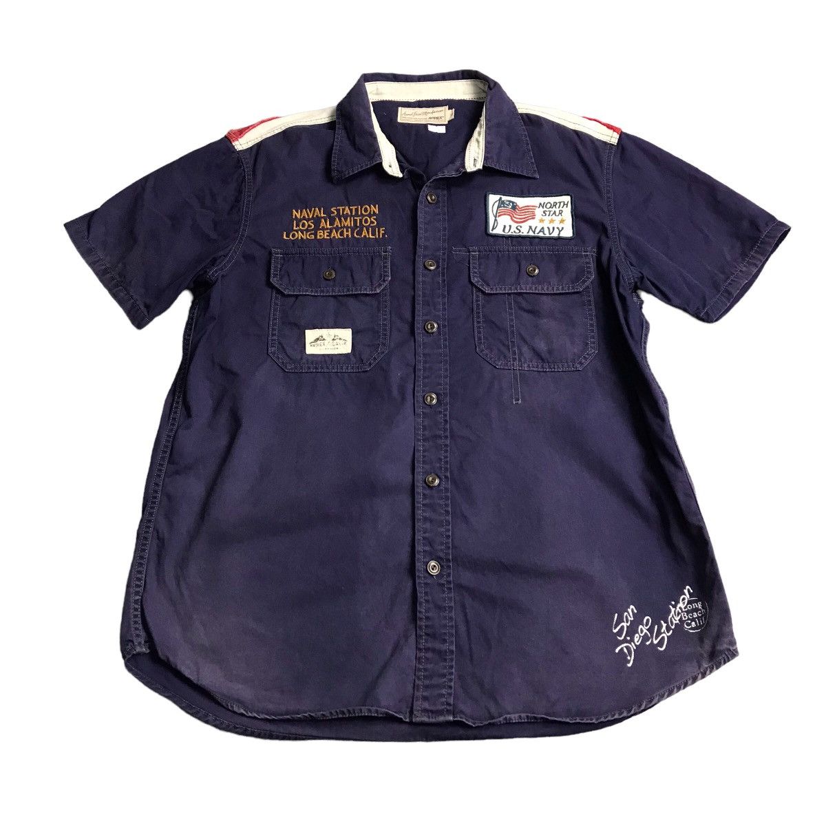 VINTAGE AVIREX U.S NAVY BUTTON UP INDIGO FADED SHIRT