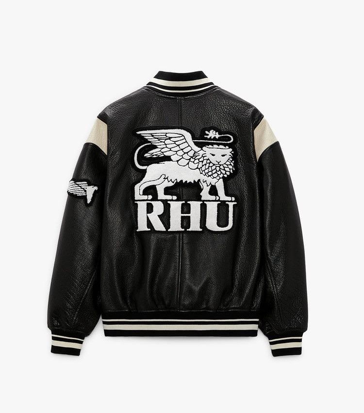 image of Rhude x Zara Rhuigi Leather Varsity Bomber Jacket New in Black, Men's (Size Medium)