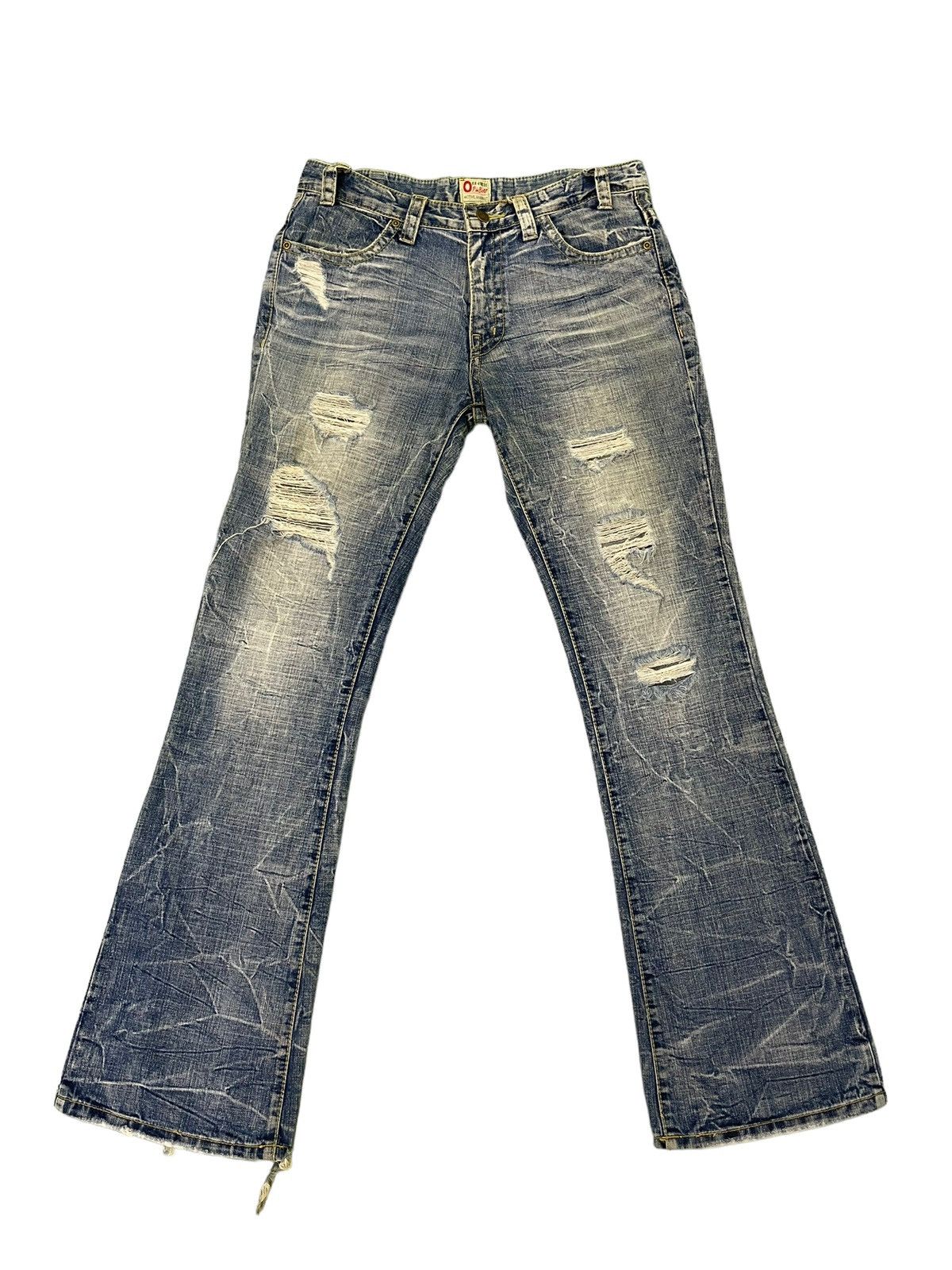 Japanese Brand Flare Jeans Ozz Pinball Distress Denim Acid Wash 4🟦3 Size US 32 / EU 48 - 2 Thumbnail