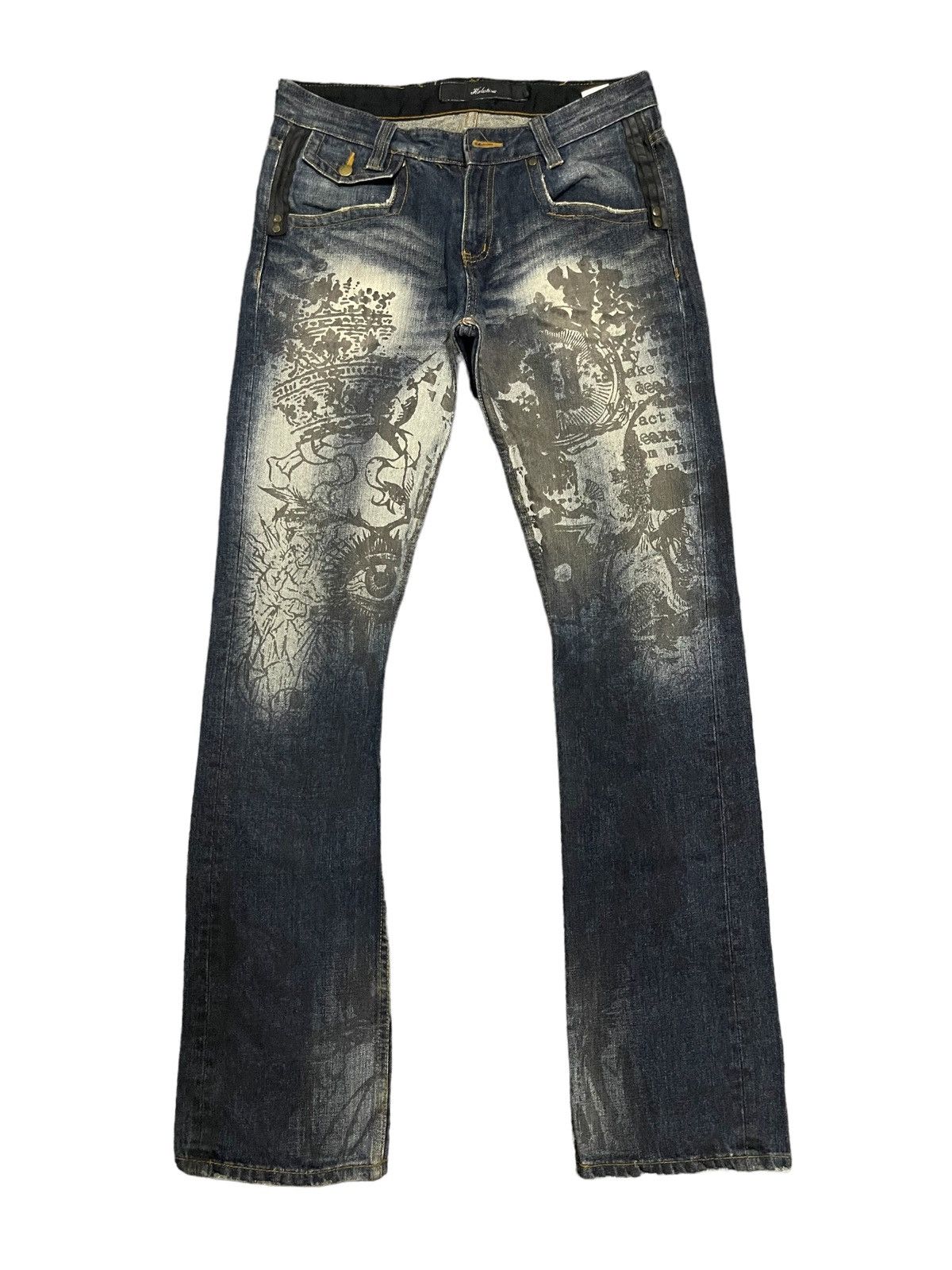 image of Avant Garde Vintage Overprint Tattoo Art Style Jeans in Blue, Men's (Size 31)