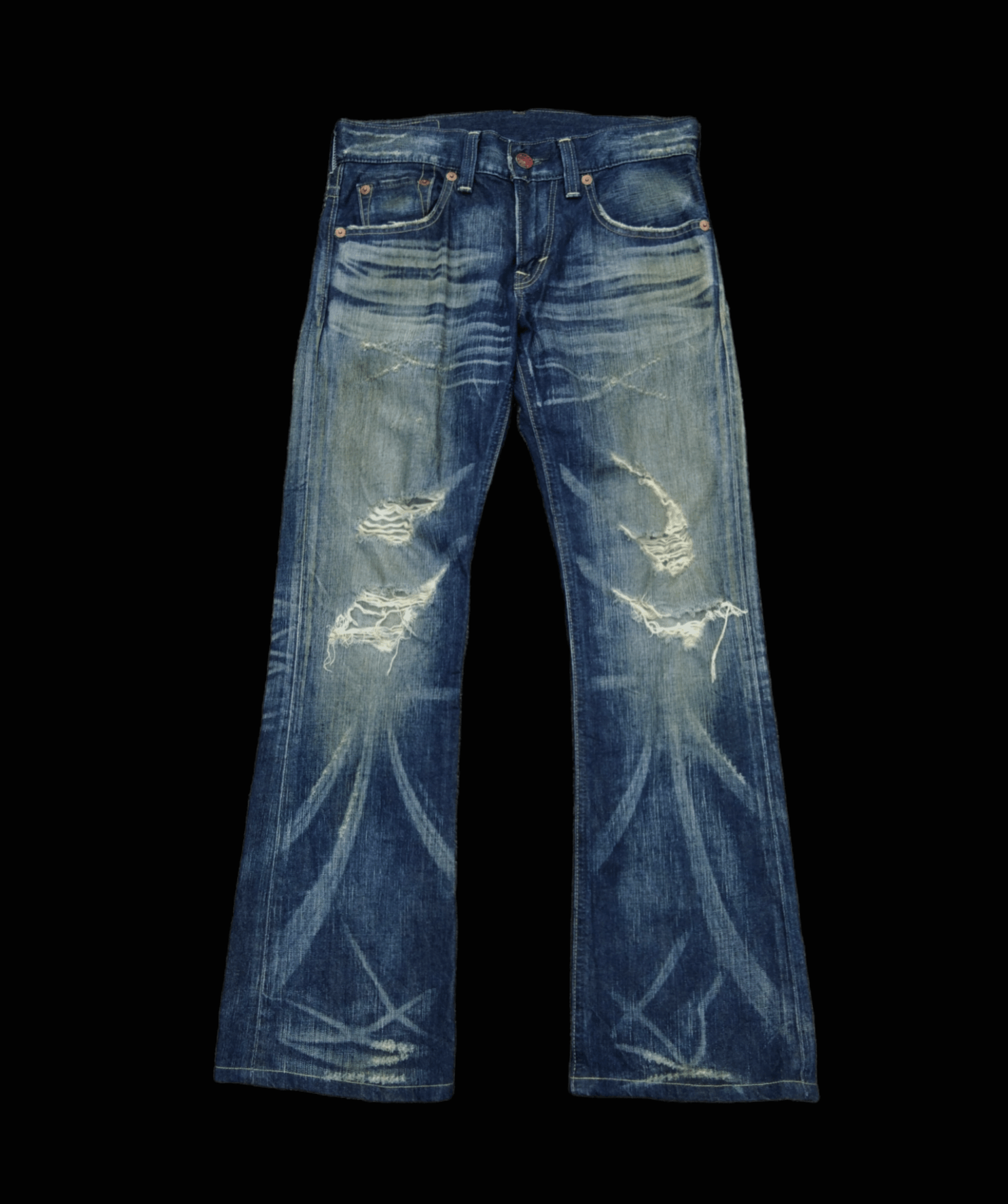 image of Avant Garde x Distressed Denim Flared Riped Blue Trip Edwin Denim Pants in Blue Distressed (Size 29